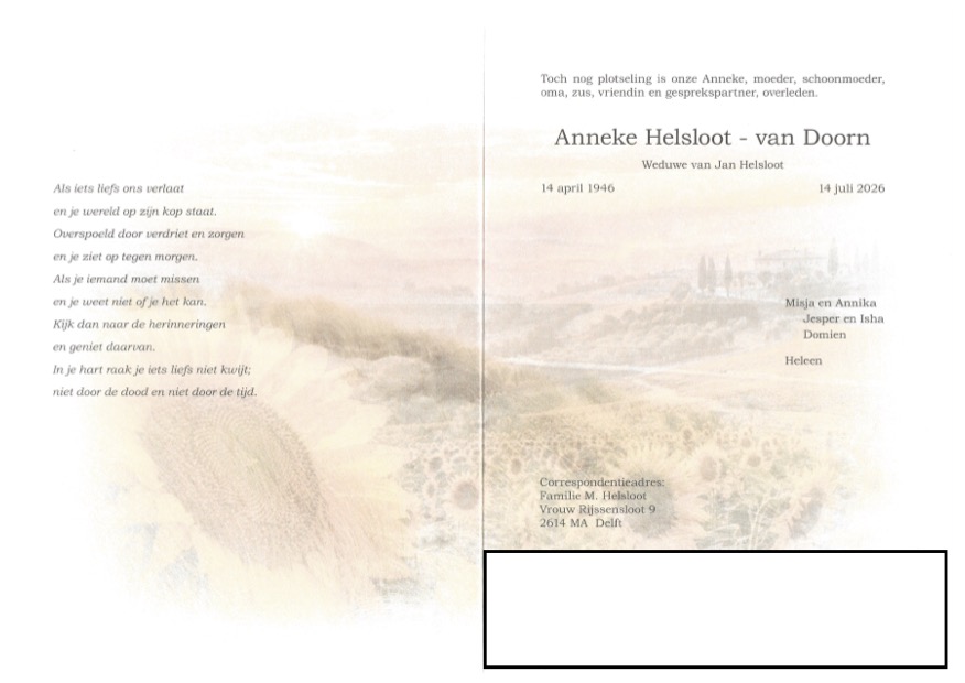 lid van verdienste anneke helsloot overleden kaart